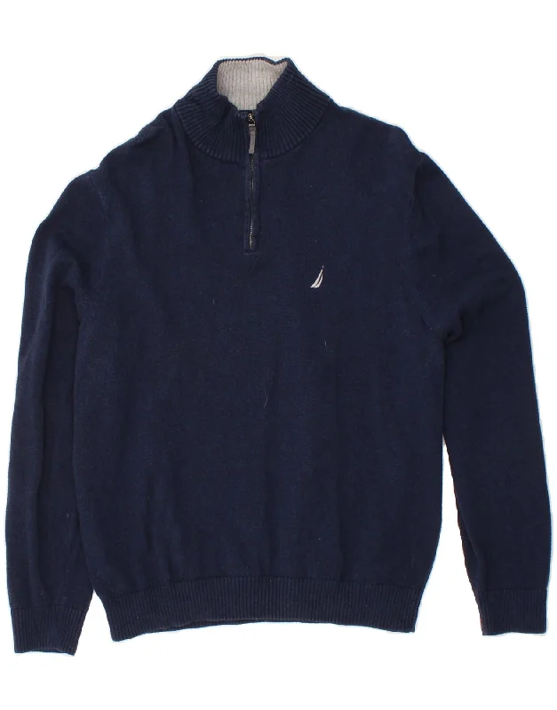 NAUTICA Mens Zip Neck Jumper Sweater Large Navy Blue Toggled Drawstring Belted