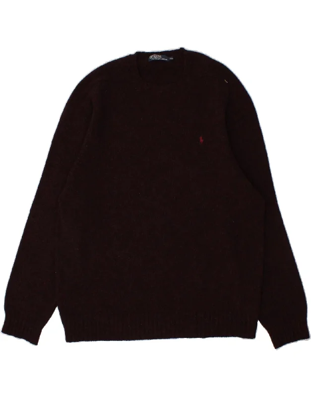 POLO RALPH LAUREN Mens Crew Neck Jumper Sweater 2XL Burgundy Wool Graphic Sweater Embroidered Appliqued