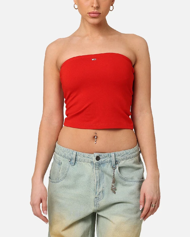 Tommy Jeans Women's TJW Slim Essential Tube Top Deep Crimson Stylish High-Waisted Denim