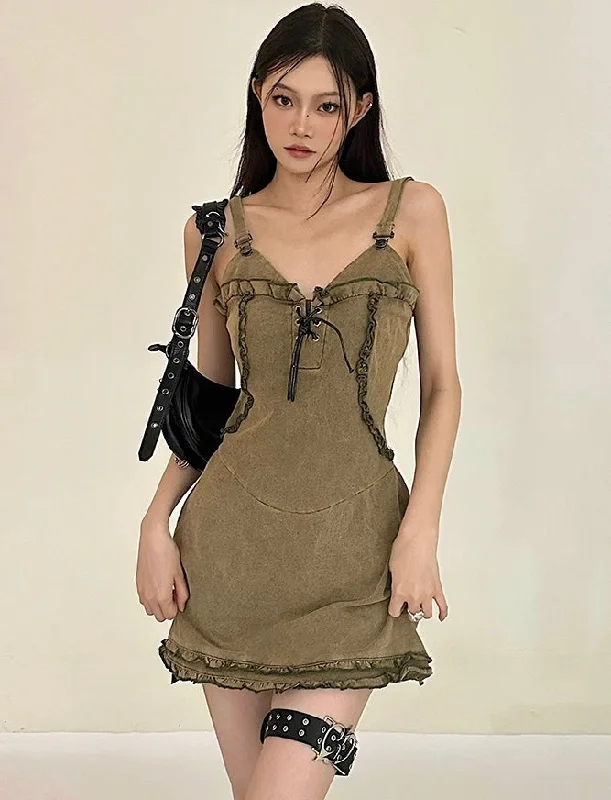 Vanessa Denim Vintage V-Neck Spaghetti Strap Slim Mini Dress Trendy Wraparound Mini Dress