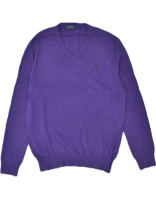 POLO RALPH LAUREN Mens V-Neck Jumper Sweater Large Purple Merino Wool Mesh Sweater Canvas Denim