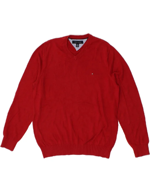 TOMMY HILFIGER Mens V-Neck Jumper Sweater Large Red Cotton Mesh Sweater Canvas Denim