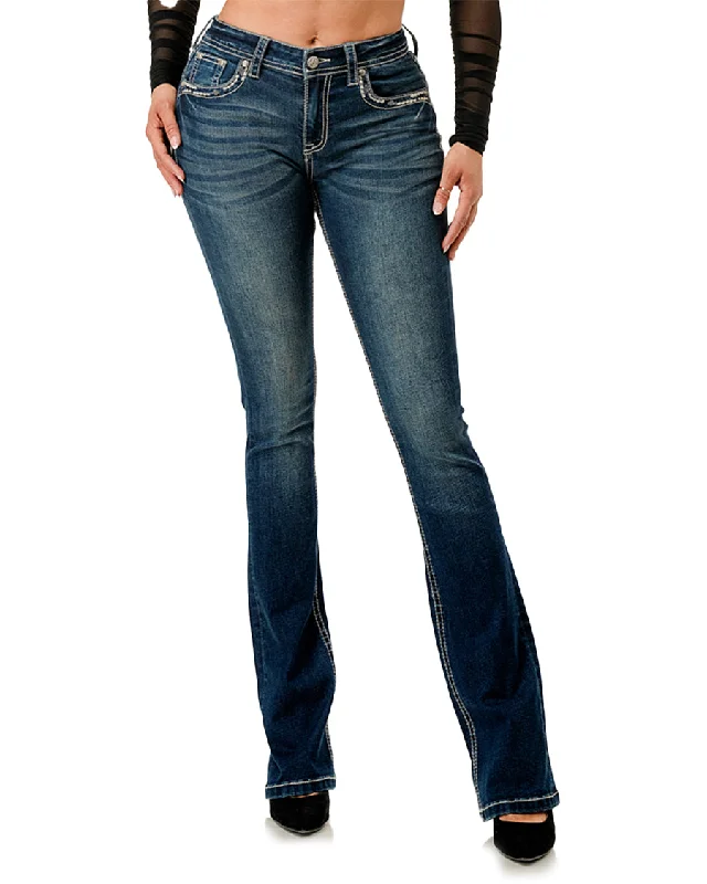 Women's Horseshoe & Horse Head Boot Cut Jeans Chic Rip-Detail High-Waist Jeans