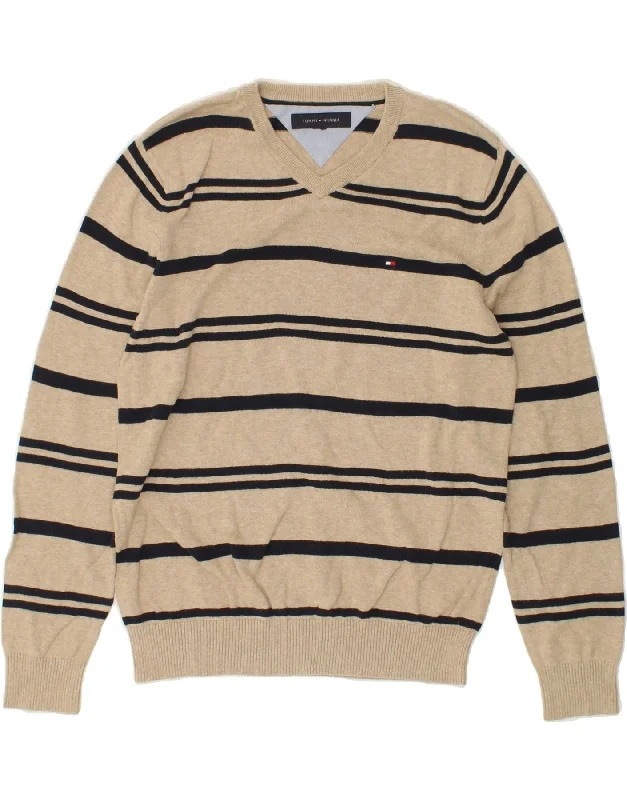 TOMMY HILFIGER Mens V-Neck Jumper Sweater Medium Beige Striped Cotton Zippered Buttoned Snapped