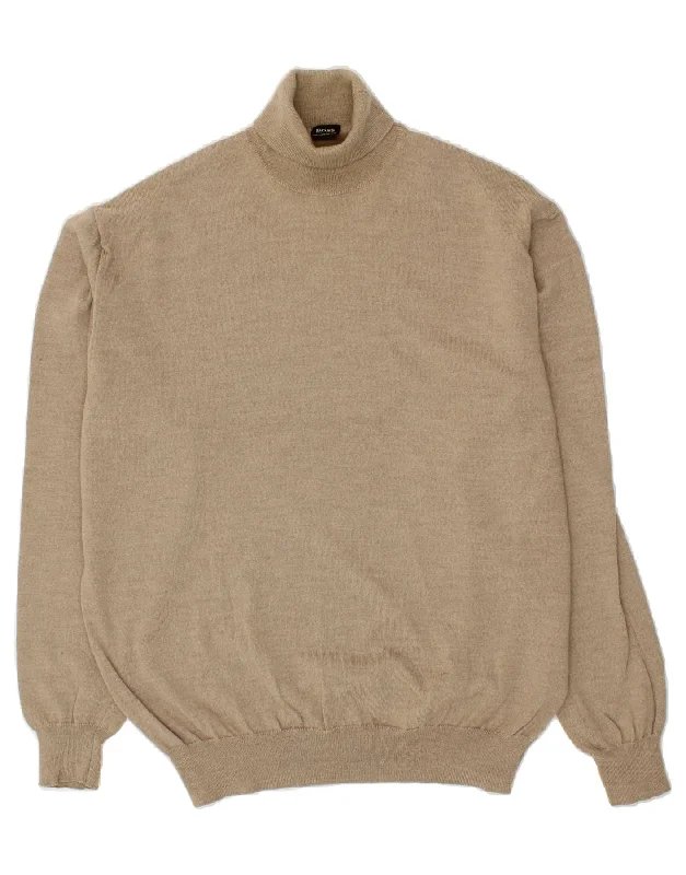 HUGO BOSS Mens Roll Neck Jumper Sweater Large Beige Virgin Wool Glossy Satin Silk