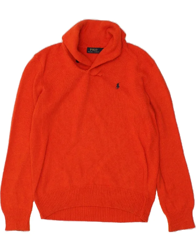 POLO RALPH LAUREN Mens Shawl Neck Jumper Sweater Medium Orange Cotton Cable Knit Ribbed Knit Lace Knit