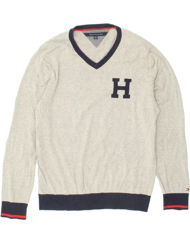 TOMMY HILFIGER Mens V-Neck Jumper Sweater Large Grey Knit Fabric Woven Fabric Fleece Fabric