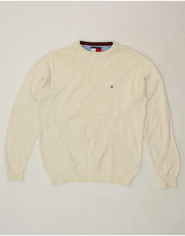 TOMMY HILFIGER Mens Crew Neck Jumper Sweater Small Off White Cotton Sweater Knitwear Pullover