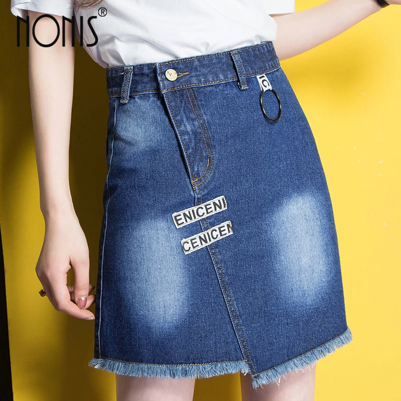 Nonis 2017 New Summer Women Skirt American A-line High Waist Denim Skirts Short Vintage Woman cowgirl Mini Jeans Skirt S-X Chic Faded Blue Jeans