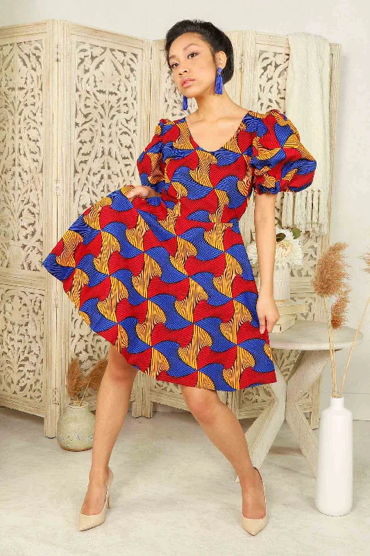 AICHA African Print Mini Dress (Puff Sleeves) Fashionable Summer Mini Dress