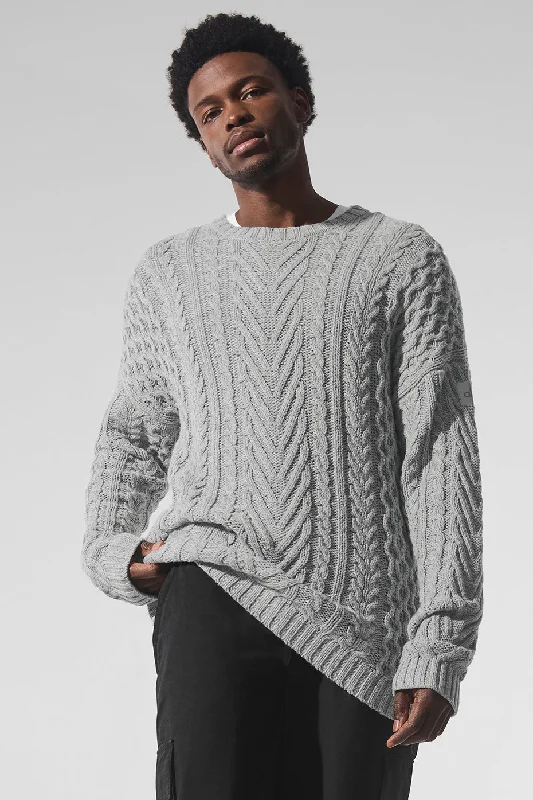 Cable Knit Crew Neck Sweater - Athletic Heather Grey Fitted Loose Oversized