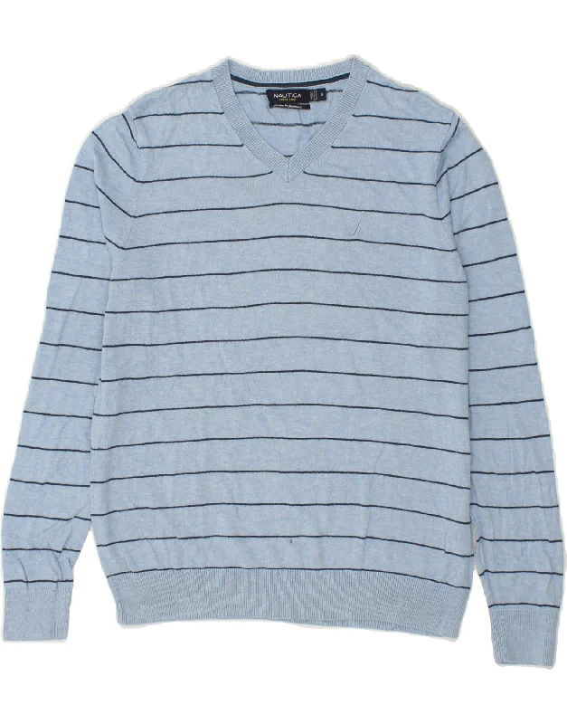 NAUTICA Mens V-Neck Jumper Sweater Small Blue Striped Cotton Jersey Fabric Tulle Fabric Batik Fabric