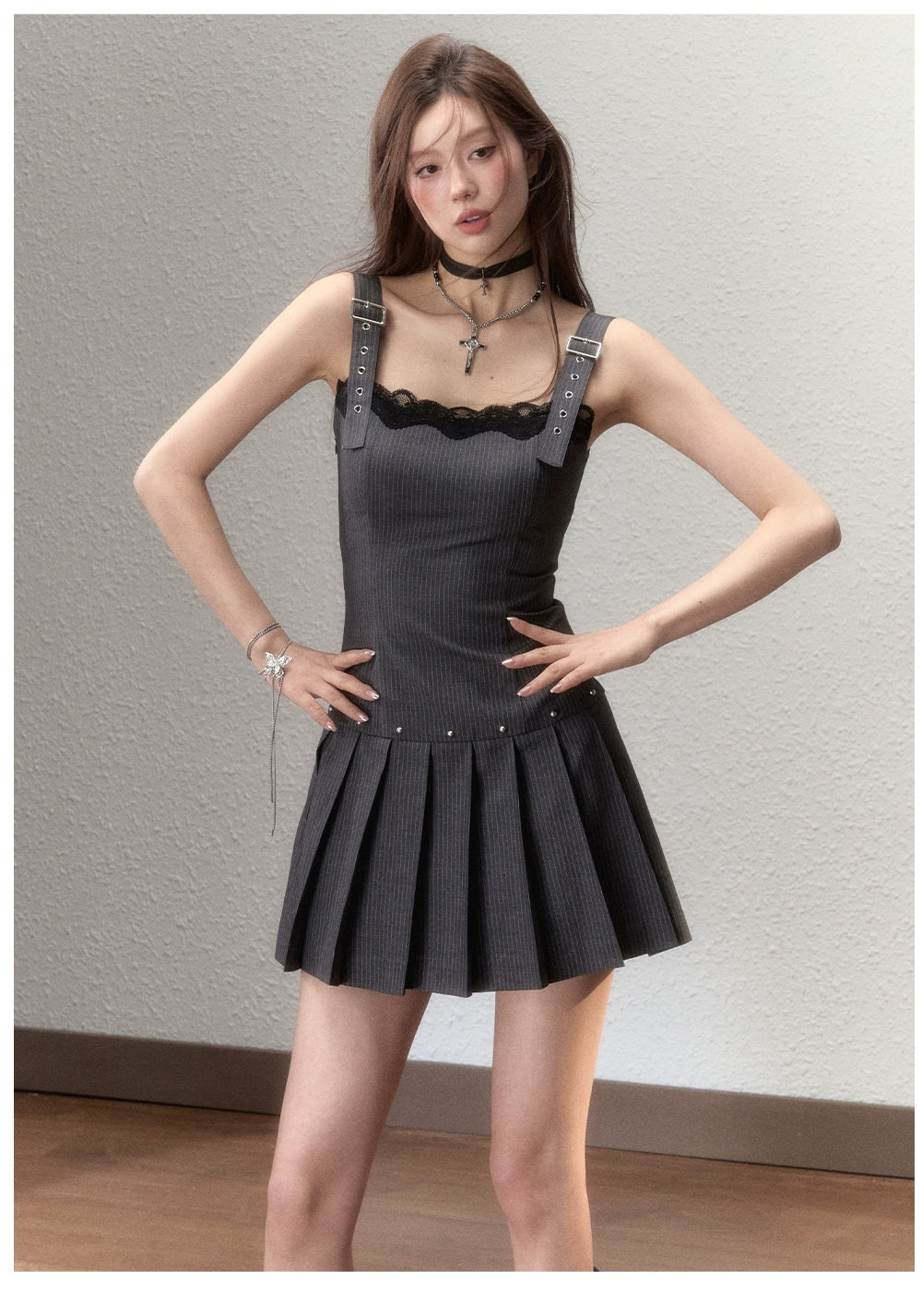 Suit-Style Lace Pleated Mini Dress Fashionable Lace-Trim Mini Dress