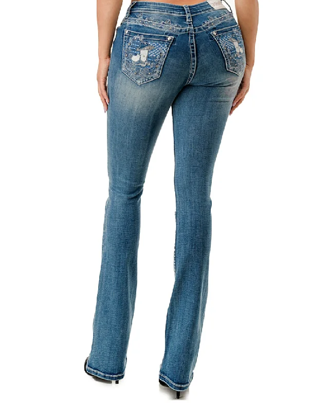 Women's Embellished Cactus Boot Cut Jeans Elegant Tapered Leg Denim