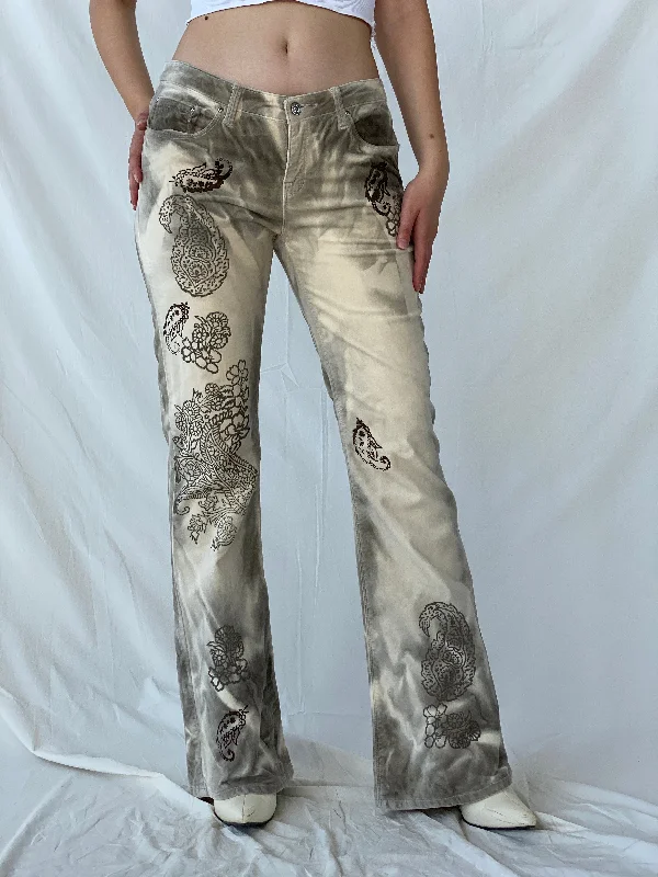 Rare Vintage Bebe Jeans Gray & Beige Tones Graphic Flared Velvet Pants - 38EUR Stylish Acid-Wash Jeans