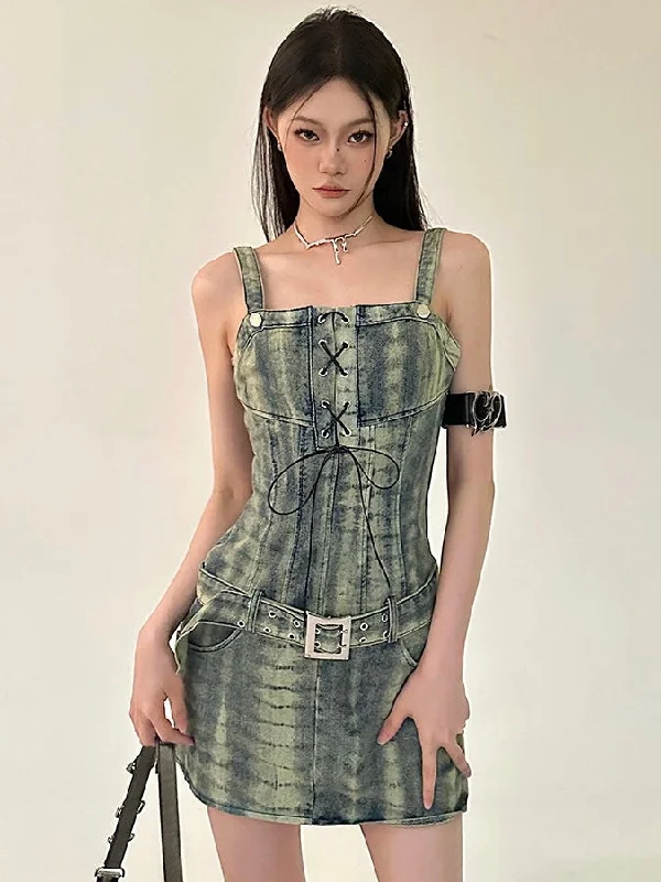 Dania Denim Washed Pattern Wide Strap Lace Up Waist Belt Slim Mini Dress Elegant Mini Dress with Pleats