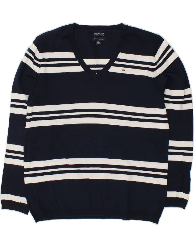 TOMMY HILFIGER Womens V-Neck Jumper Sweater UK 18 XL Navy Blue Striped Spandex Rayon Corduroy