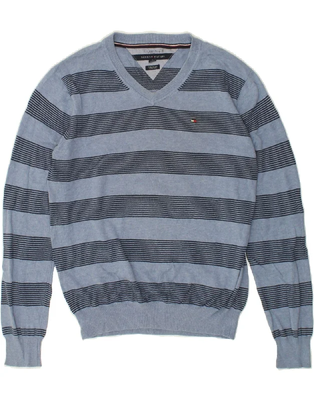 TOMMY HILFIGER Mens V-Neck Jumper Sweater Medium Blue Striped Cotton Fitted Loose Oversized