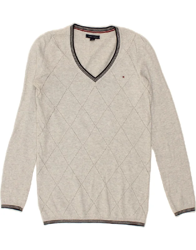 TOMMY HILFIGER Womens V-Neck Jumper Sweater UK 6 XS Grey Argyle/Diamond Fleece Sweater Nylon Polyester