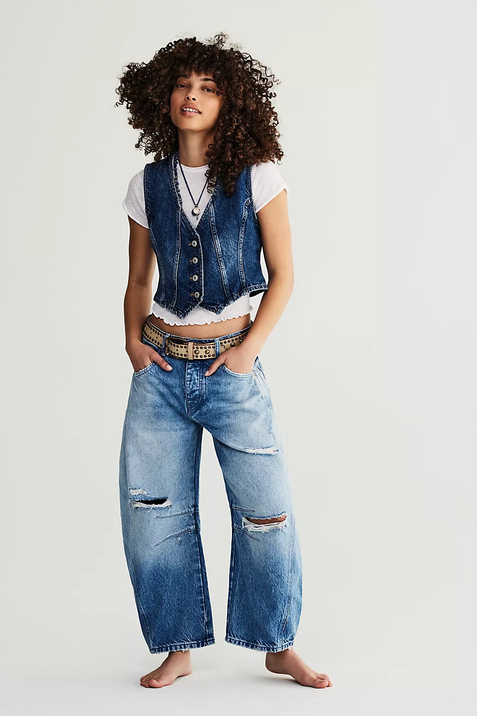 Free People We The Free Good Luck Mid-Rise Barrel Jeans - BARNYARD BLUE Fashionable Button-Front Jeans