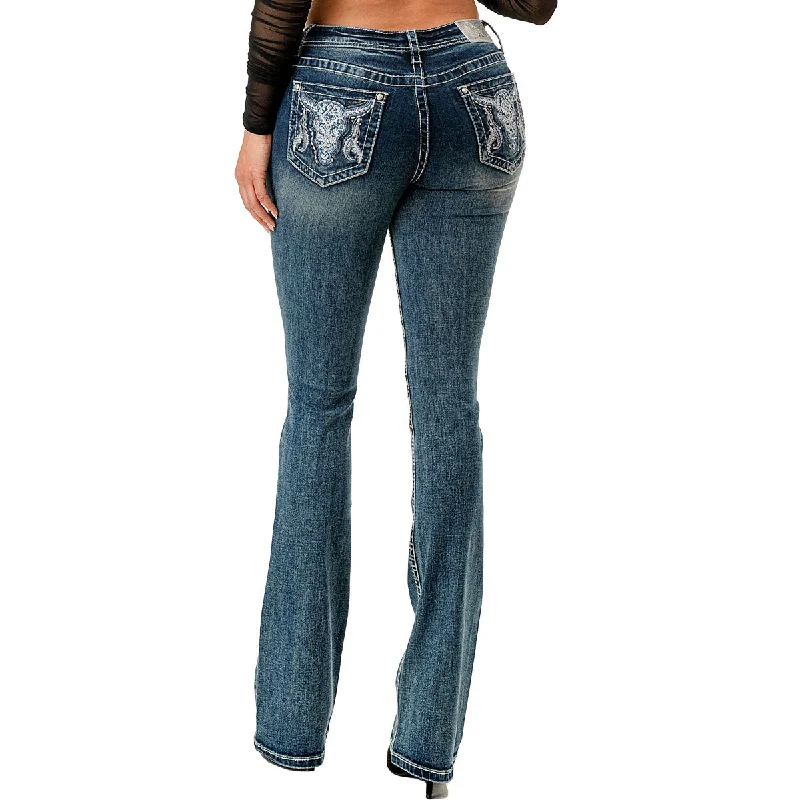 Women's Embroidered Steer Head Boot Cut Jeans Stylish Stone-Wash Denim Jeans