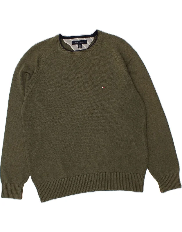 TOMMY HILFIGER Mens Crew Neck Jumper Sweater Medium Khaki Cotton Solid Print Embellished