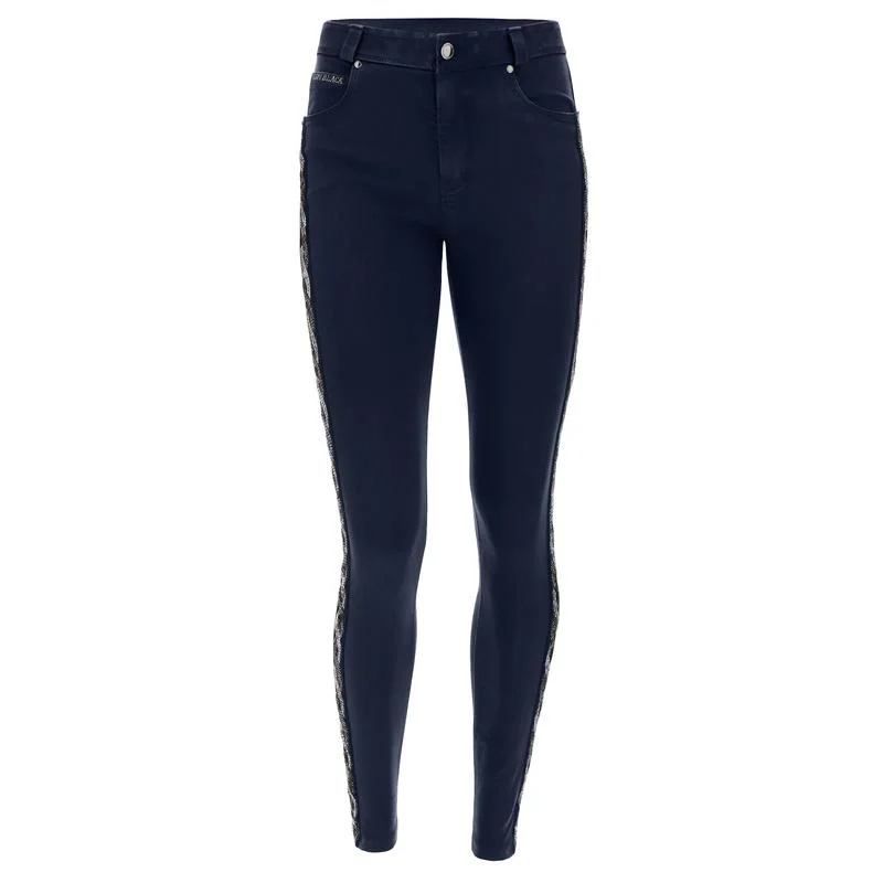 Freddy-Black-Jeans-With-An-Interwoven-Lateral-Band-In-Sequins-Blu-Navy Fashionable Raw Edge Jeans