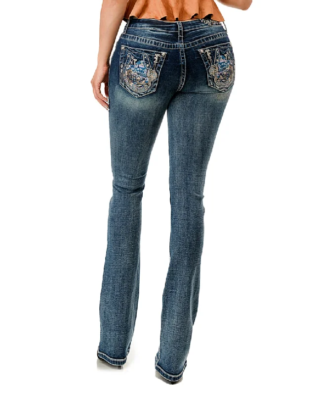 Women's Embroidered Sunset Horseshoe Boot Cut Jeans Casual Wide-Legged Denim Jeans