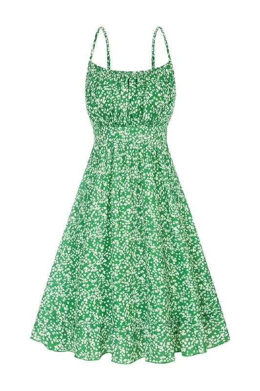 Amalfi Floral Flare Mini Dress - Green Casual High-Waist Mini Dress