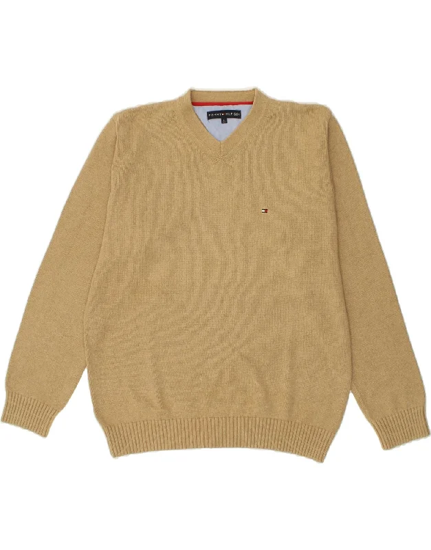 TOMMY HILFIGER Mens V-Neck Jumper Sweater Large Beige Cotton Fitted Slim Tailored