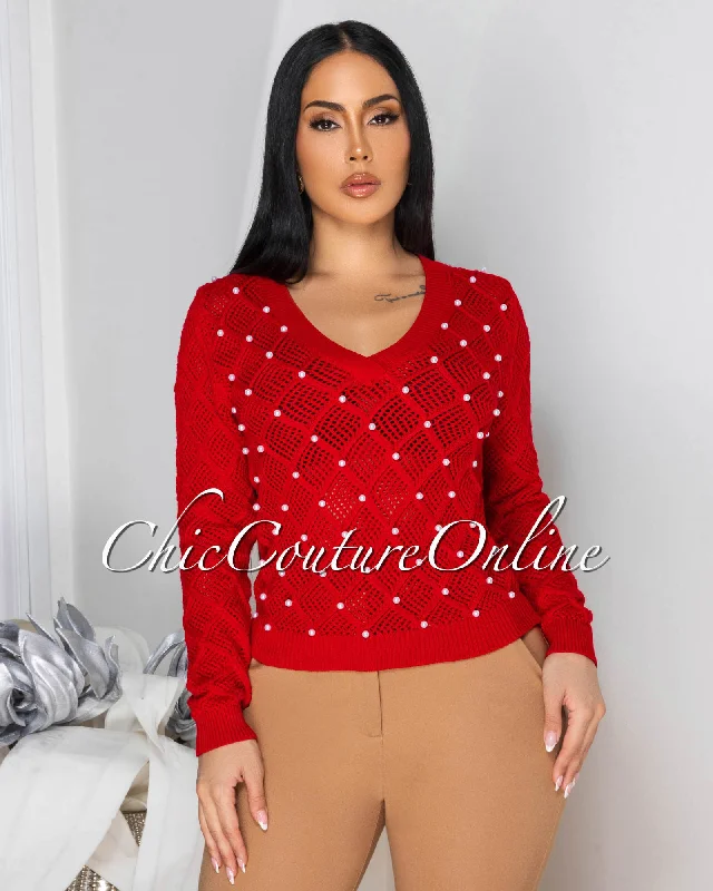 Melona Red Pearl Accent See-Thru Sweater Casual Formal Business