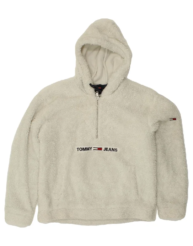 TOMMY HILFIGER Mens Hooded Fleece Jumper Large White Polyester Mesh Fabric Canvas Fabric Denim Fabric