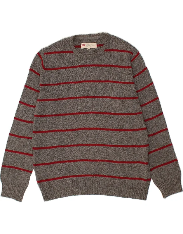 LEVI'S Mens Standard Fit Crew Neck Jumper Sweater Large Grey Striped Zippered Buttoned Snapped