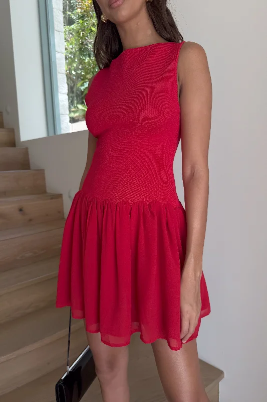 Ashleigh Knit And Chiffon Mini Dress - Red Fashionable Mini Dress with Pockets