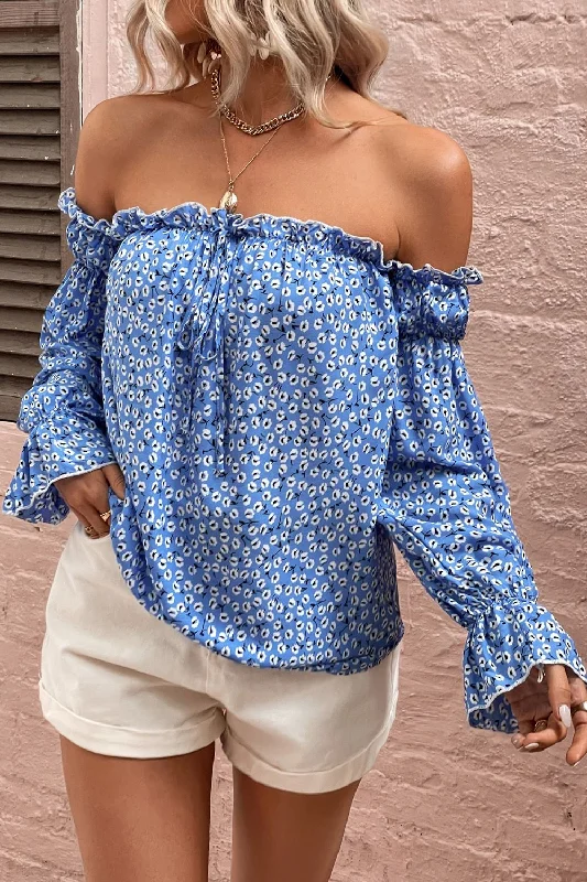 Off Shoulder Printed Frill Trim Blouse Flowy Bohemian Blouse