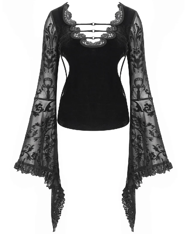 Devil Fashion Womens Victorian Gothic Velvet & Damask Mesh Blouse Top Loose Oversized Blouse