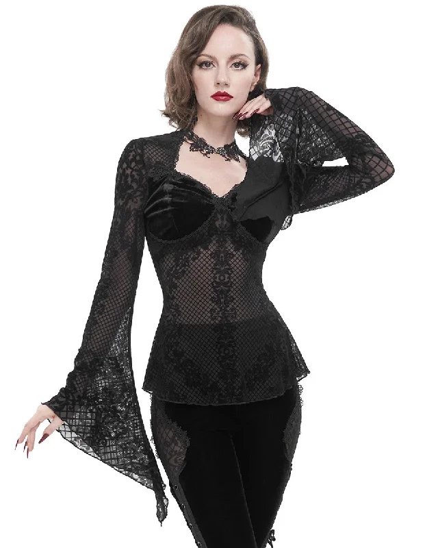 Eva Lady Dark Gothic Velvet Flocked Mesh Blouse Top Elegant Peplum Blouse