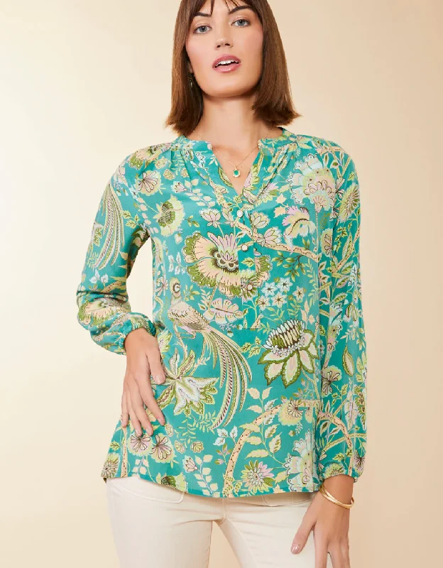 Cora Silk Blouse Mystic Moss Bird Pleated Collar Blouse