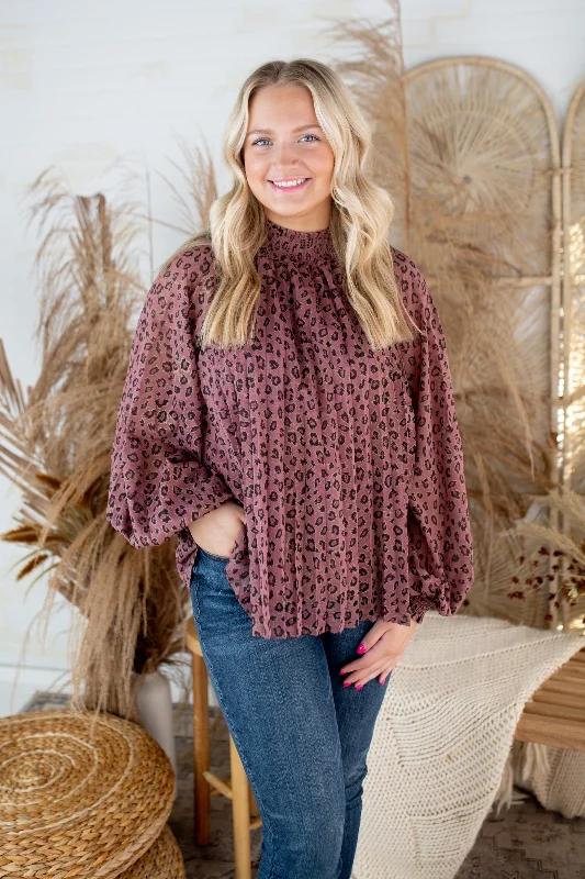 Mauve Animal Print Smocked Mock Neck Blouse Loose Oversized Blouse