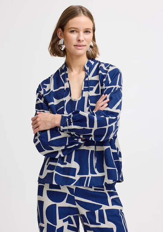 b.young Hamma Geometric Print Blouse, Navy and Cream Double-Layered Blouse