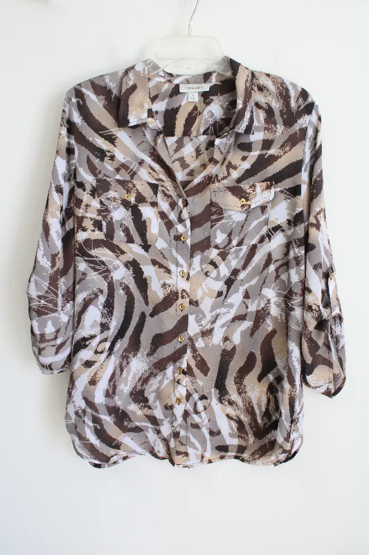 Dressbarn Half-Sleeve Brown Swirl Button Down Blouse | XL Embroidered Cotton Blouse