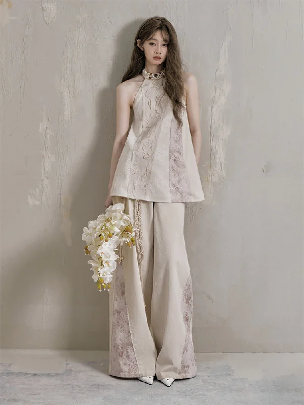 Side flower lace slit flared loose pants & braided ethnic string belt SAL0030 Comfortable Pleated Pants