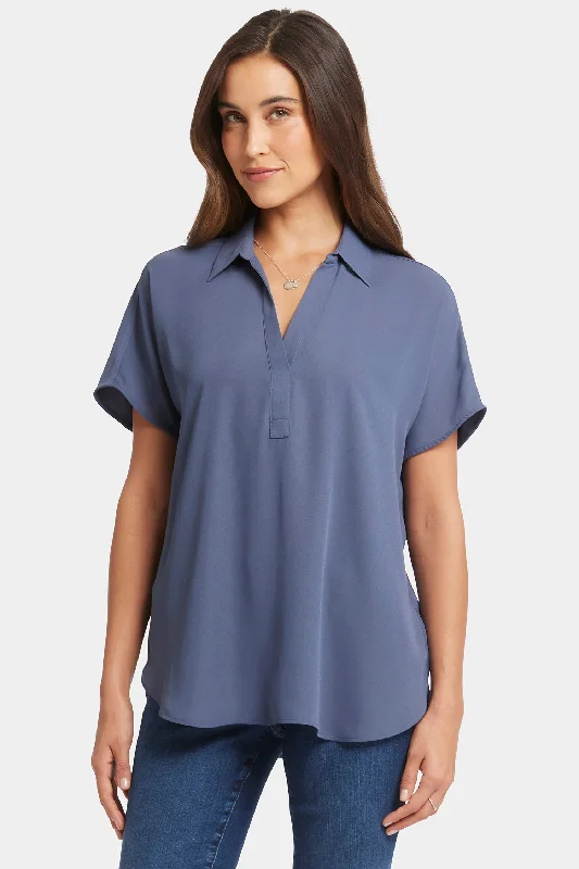 Becky Short Sleeved Blouse - Cascade Lake Pleated Collar Blouse