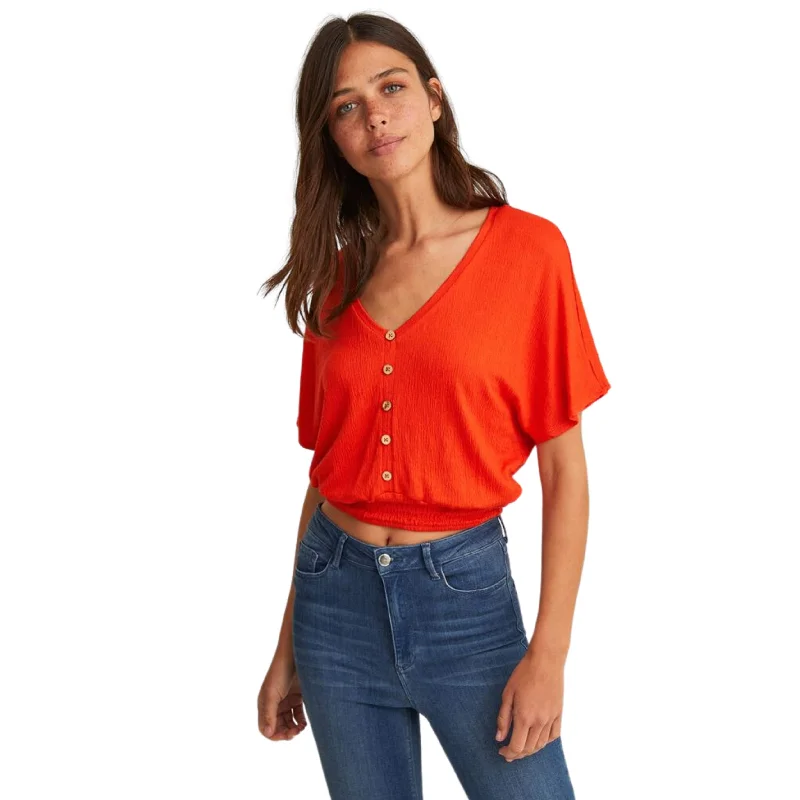 OXXO - Elastic Waist Crop Blouse Ruffled Neck Blouse