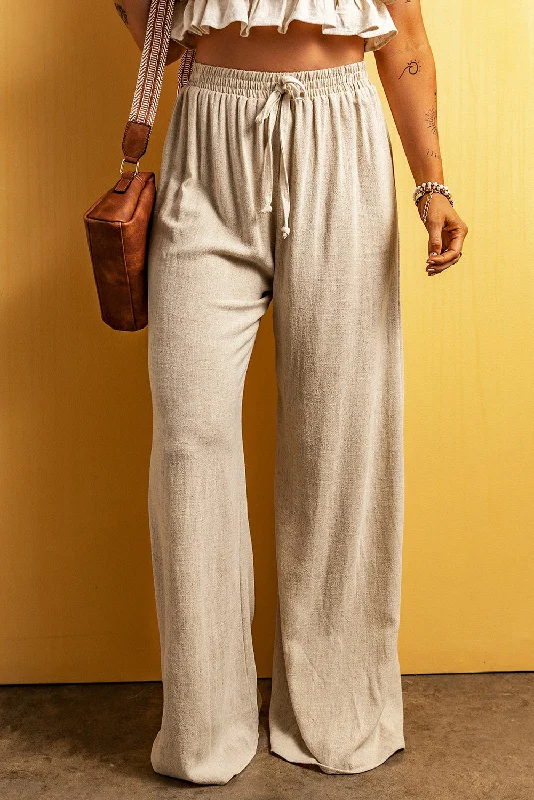 Apricot Lace-up Waist Floor Length Wide Leg Casual Pants Chic Capri Pants