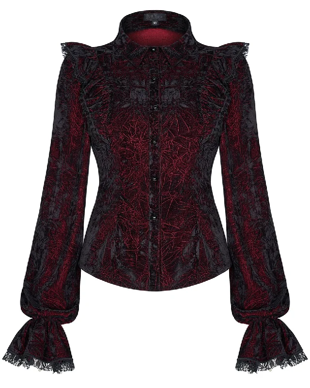 Punk Rave Nightshade Womens Gothic Velvet Blouse Top - Red Frilled Cuff Blouse