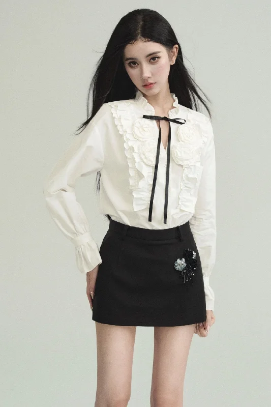 Elegant Contrast Ensemble: Crystal-Embellished Tweed Mini Skirt & Victorian Ruffle Blouse Set Office-Ready Blouse