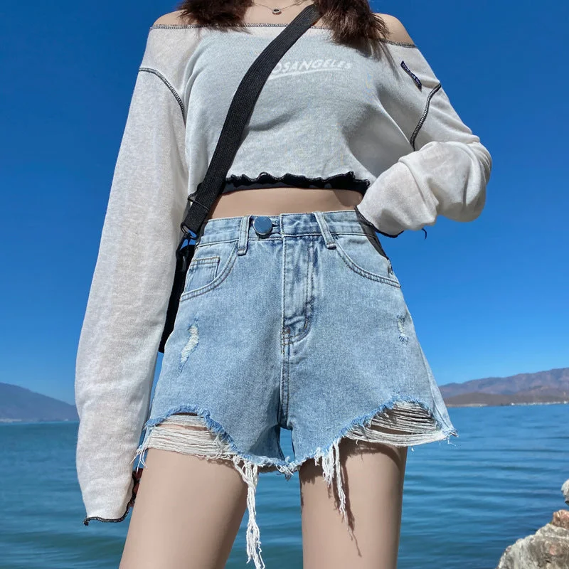 Denim shorts female summer  version of the high waist slimming high loose hole wool wrapping pants tide High-Waist Jeans