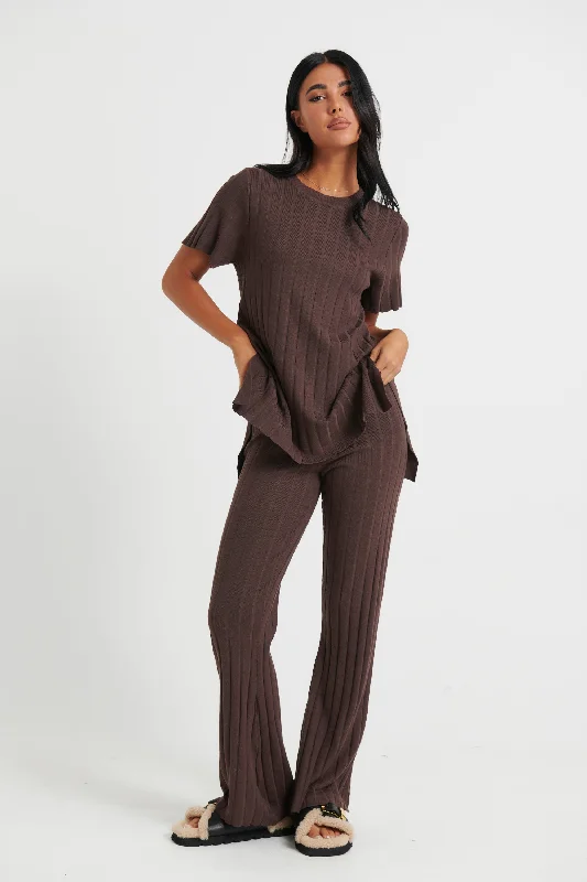 Leighton Ribbed Pant Chocolate Stretch Fit Pants