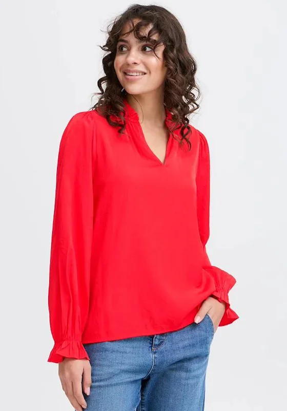 Fransa Diana Frill Trim Blouse, Red Flowy Bohemian Blouse